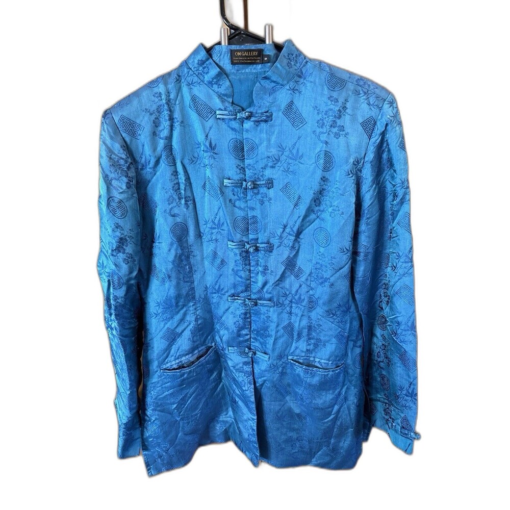 OM Gallery Women Jacquard Vietnamese Silk Handmade Blouse Frog Button Blue Lined